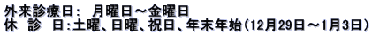 外来診療日：　月曜日～金曜日 休　診　日：土曜、日曜、祝日、年末年始（12月29日～1月3日）